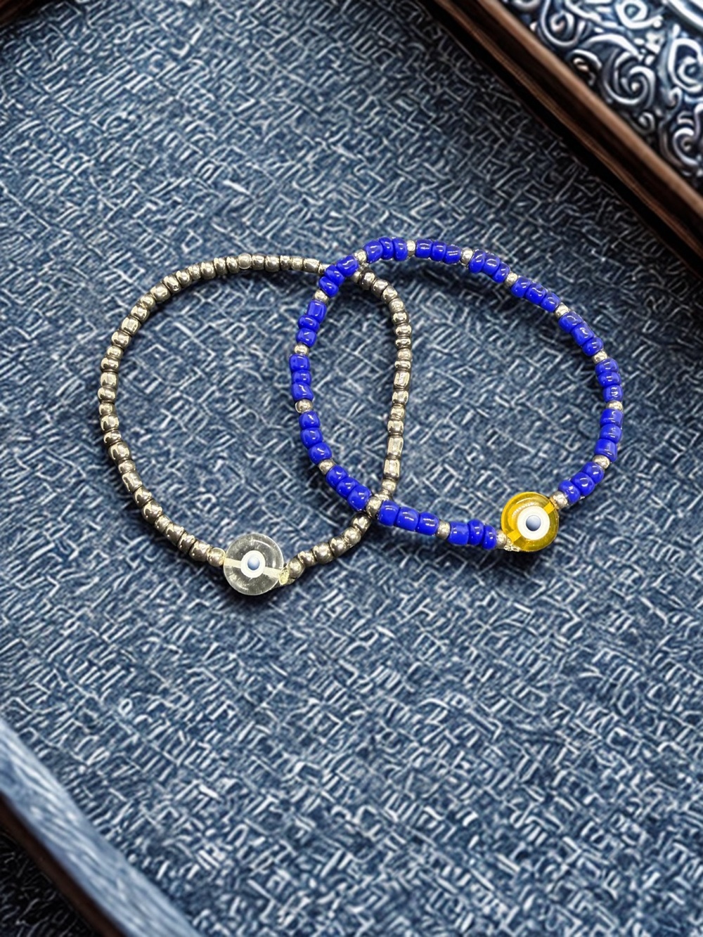 🧿Set of 2 Evil Eye Blue & Silver Stretchy Beaded Stack Bracelets/NWOT🧿